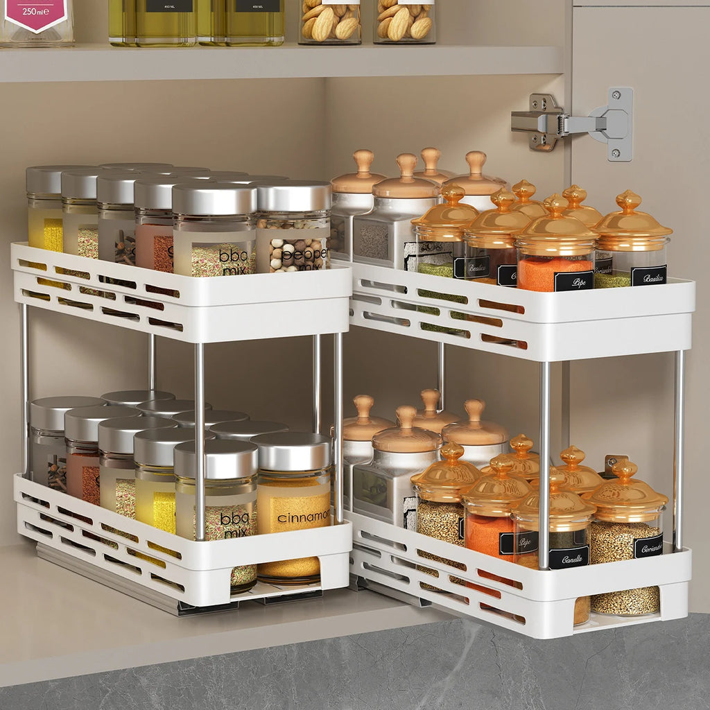 Especiero de gran capacidad con 2 niveles extraíbles, estante organizador multiusos de plástico para armarios de cocina