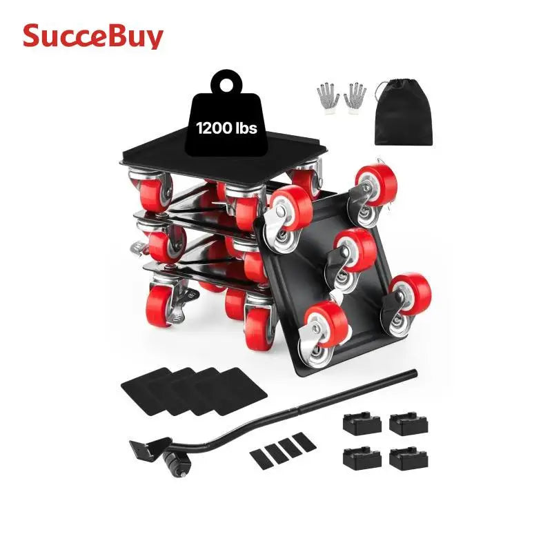 SucceBuy 4 chariots de manutention pour meubles 1200 lb/3474 lb, diables pour réfrigérateur avec 5 roulettes pivotantes à 360° & jeu d'outils de levage et glissement pour appareils électroménagers et canapés