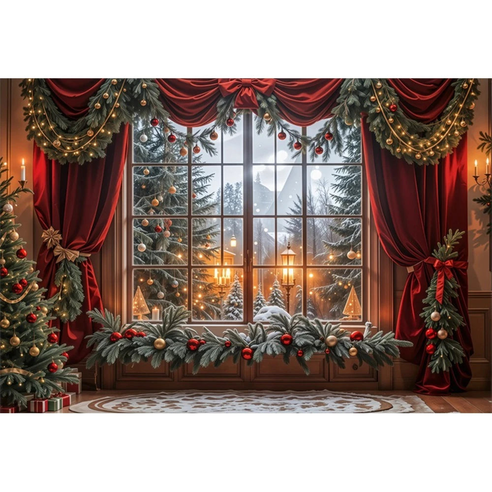 Yeele Christmas Photography Background Red Curtains Wreath Decor Window Xmas Trees Girls Birthday Wedding Party Photo Backdrop