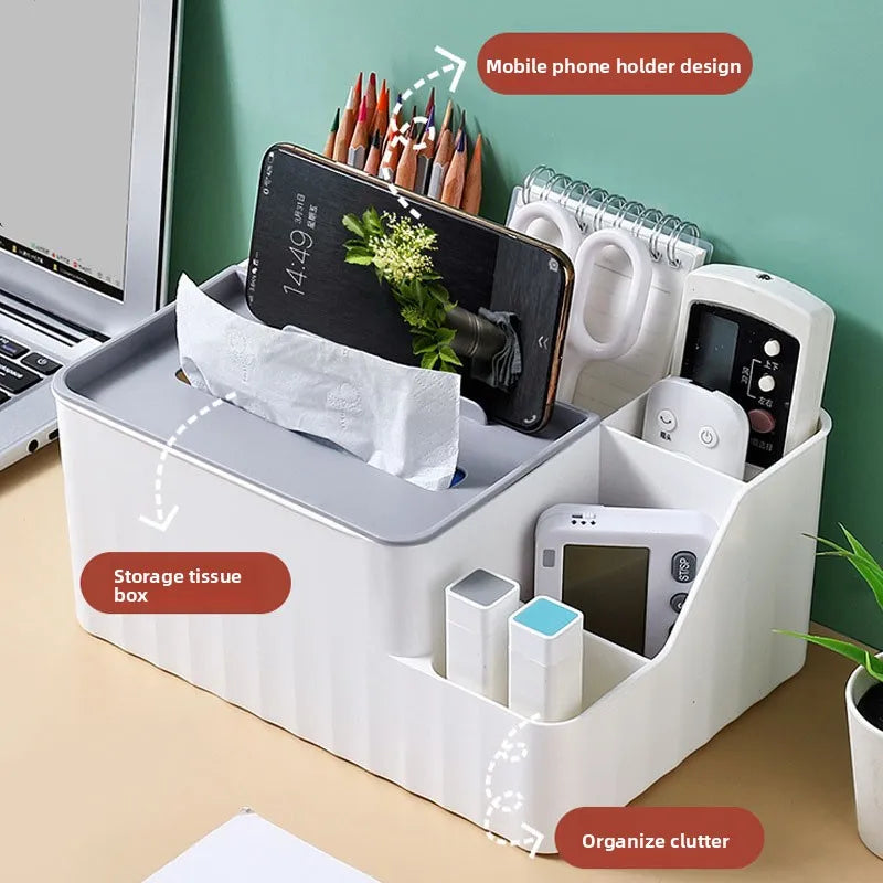 Organiseur de bureau à 6 compartiments - Boîte à mouchoirs multifonction avec porte-télécommande, rangement en plastique pour salon, cuisine et bureau