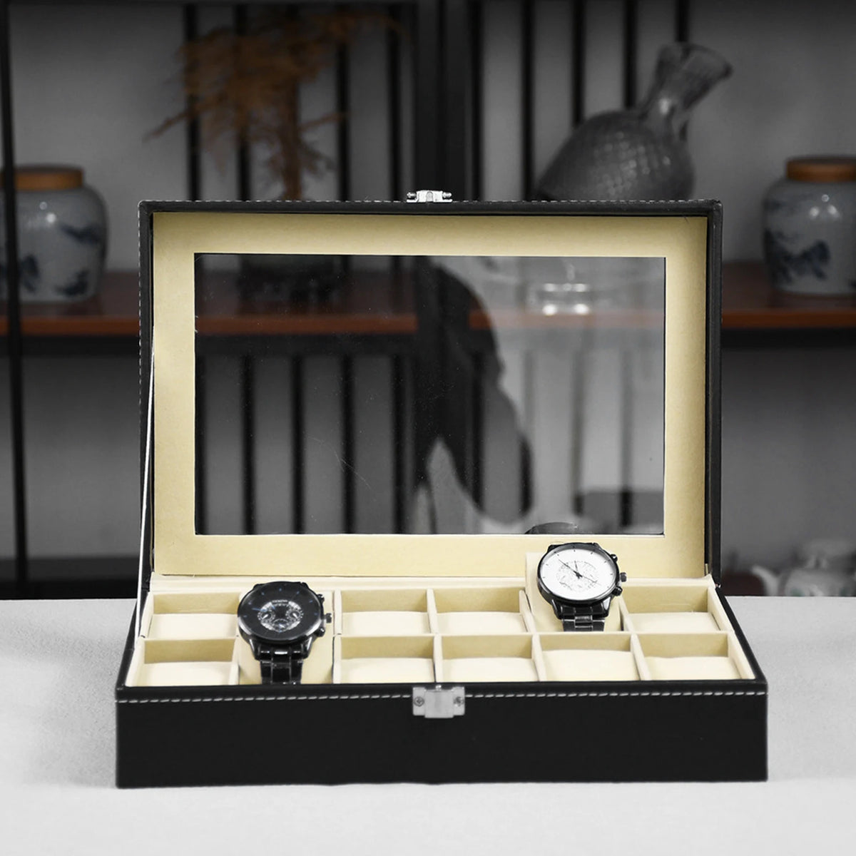 Boîtier de rangement pour 10/12 montres, présentoir en cuir PU avec couvercle en verre, vitrine à bijoux pour anniversaires et Noël