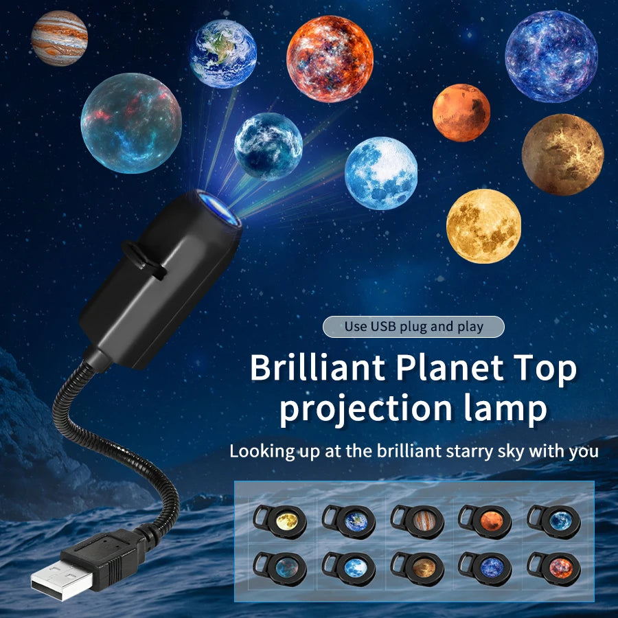 1-Pack USB Planet Projection Night Light, 360° Rotating, with Multi-Colour Slides for the Bedroom and Car, 5V USB Plug