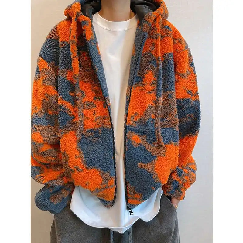 Large-sized men's autumn and winter retro, cool and stylish orange firecloud tie-dyed hooded lambskin warm thick coat