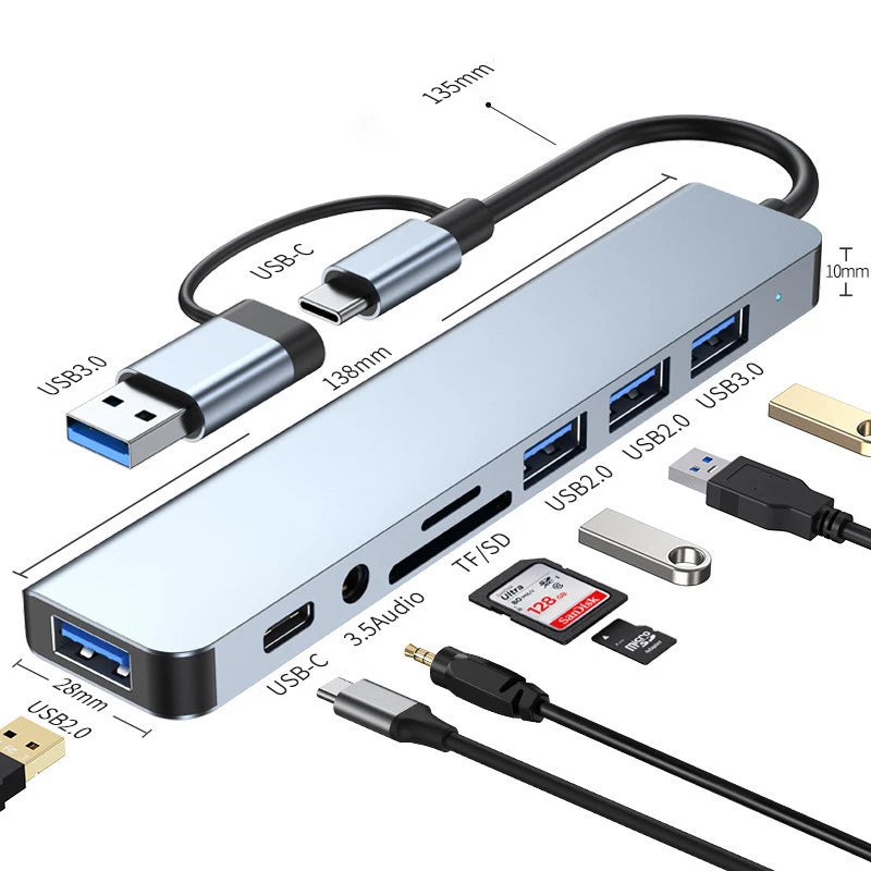 Hub USB-A y USB-C con audio de 3,5 mm y lector de tarjetas SD/TF