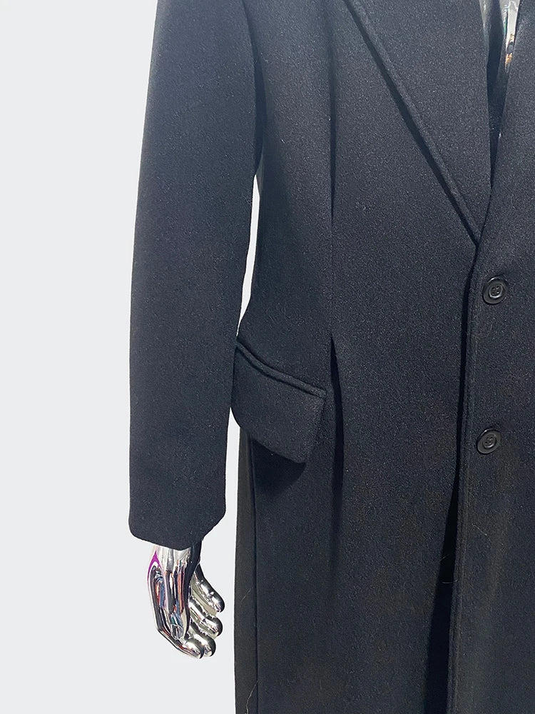 Nerazzurri Autumn Winter Extra Long Luxury Elegant Black Soft Warm Woolen Coat for Men Single Breasted Wool & Blends Overcoat