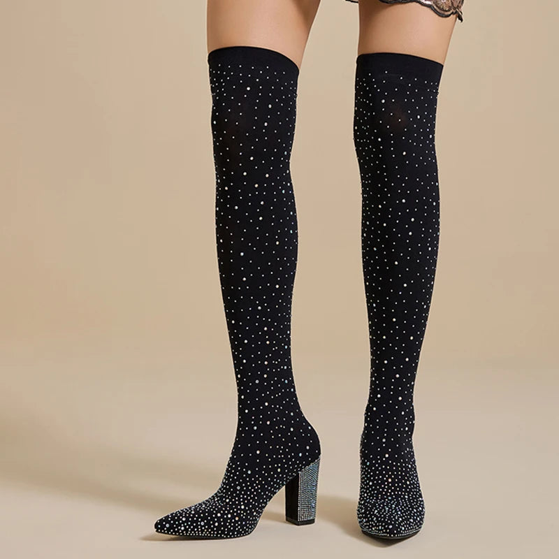 Stivali donna Liyke stretch con strass e tacco largo