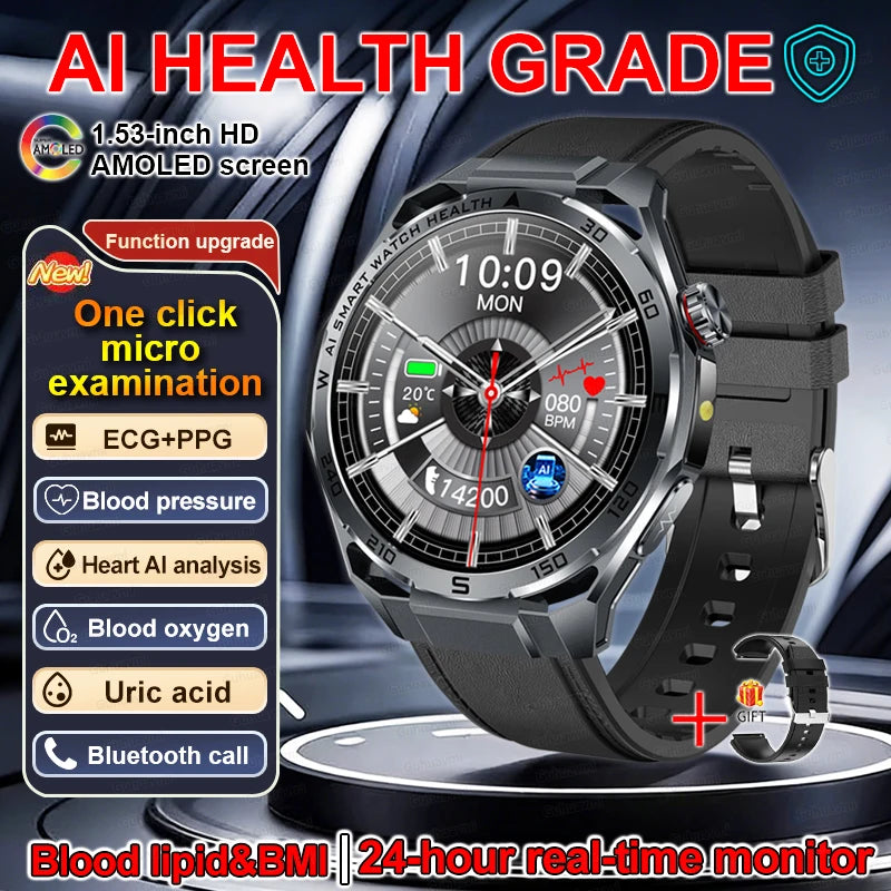 New AI Health Diagnose Smart Watch ECG+PPG Physical examination BP BO2 Uricacid Call Health Tracker Smartwatch For Men Women IOS