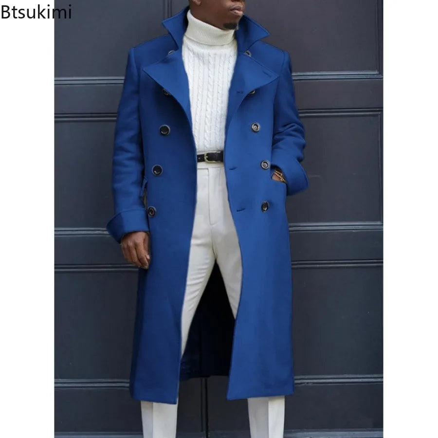 New 2026 Autumn Winter Men's Trench Coat British Style Fashion Slim Fit Double Breasted Overcoats Mid-Length Casual Woolen Coats