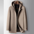 2024 Winter New Men's Hooded Medium to Long Woolen Coat with Thick Velvet for Warmth and Leisure, High End Fabric 100% Pure Wool