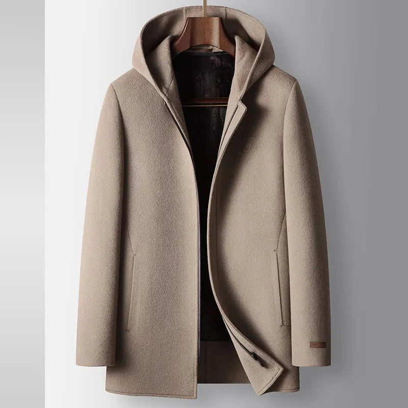 2024 Winter New Men's Hooded Medium to Long Woolen Coat with Thick Velvet for Warmth and Leisure, High End Fabric 100% Pure Wool