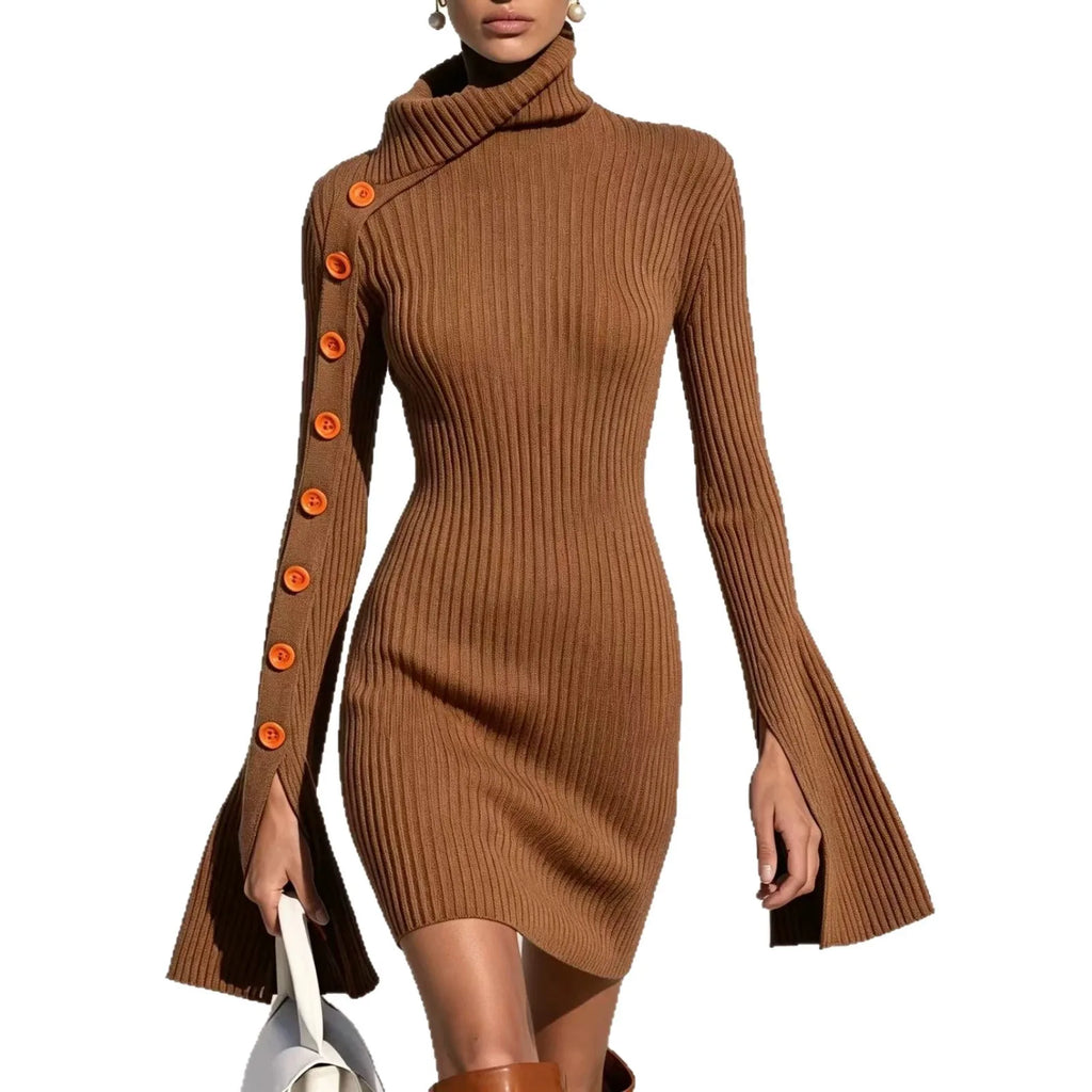 Women's Elegant Ribbed Knitted Tight Fitting Dress With High Neck Split Flared Sleeves Decorative Buttons Slim Fit Party Dress