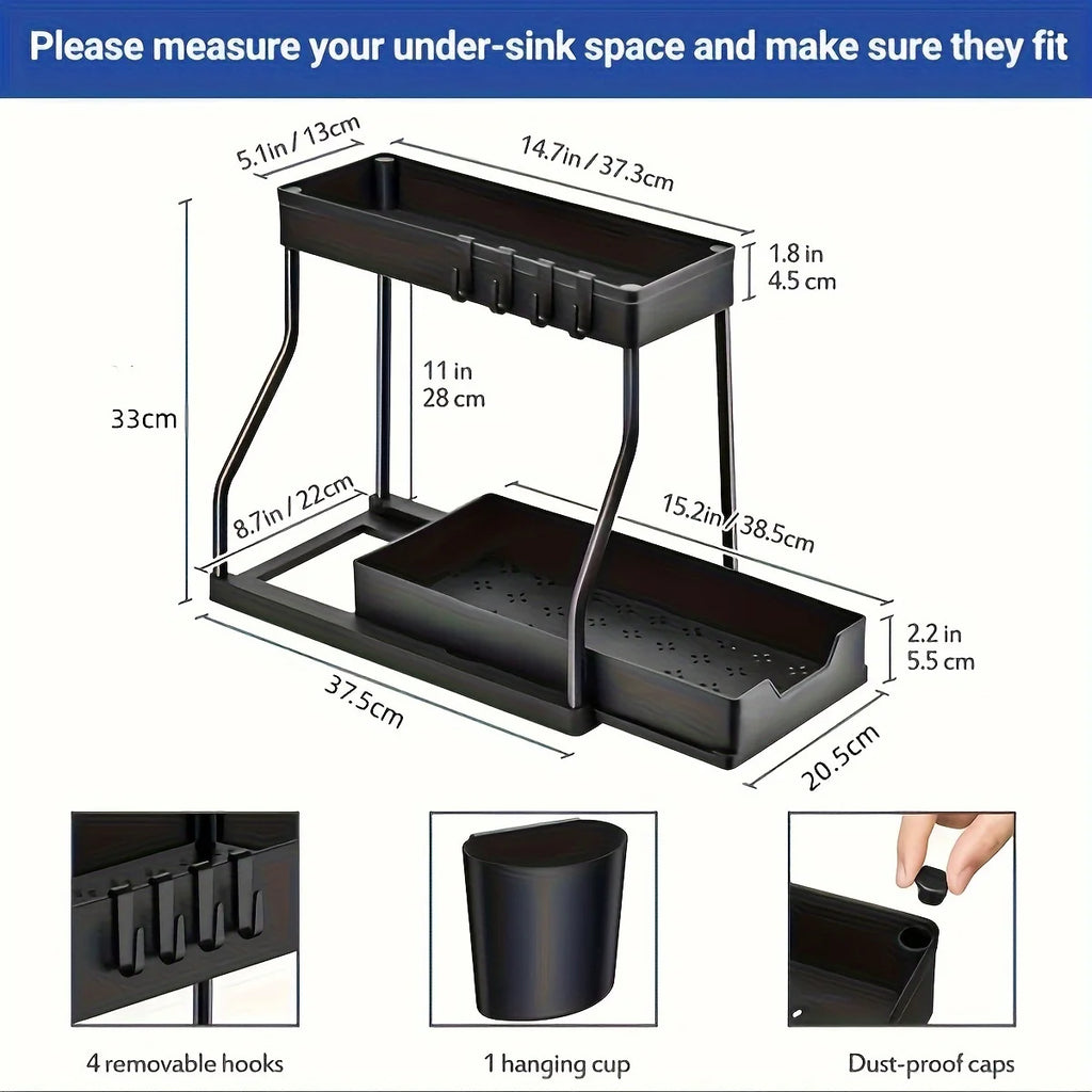Organizador de 2 niveles que ahorra espacio para debajo del fregadero, caja de almacenamiento extraíble, cajón organizador duradero y de gran capacidad, esencial para cocina y baño
