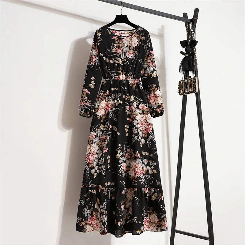 Langes Damen-Blumenkleid mit Rundhalsausschnitt