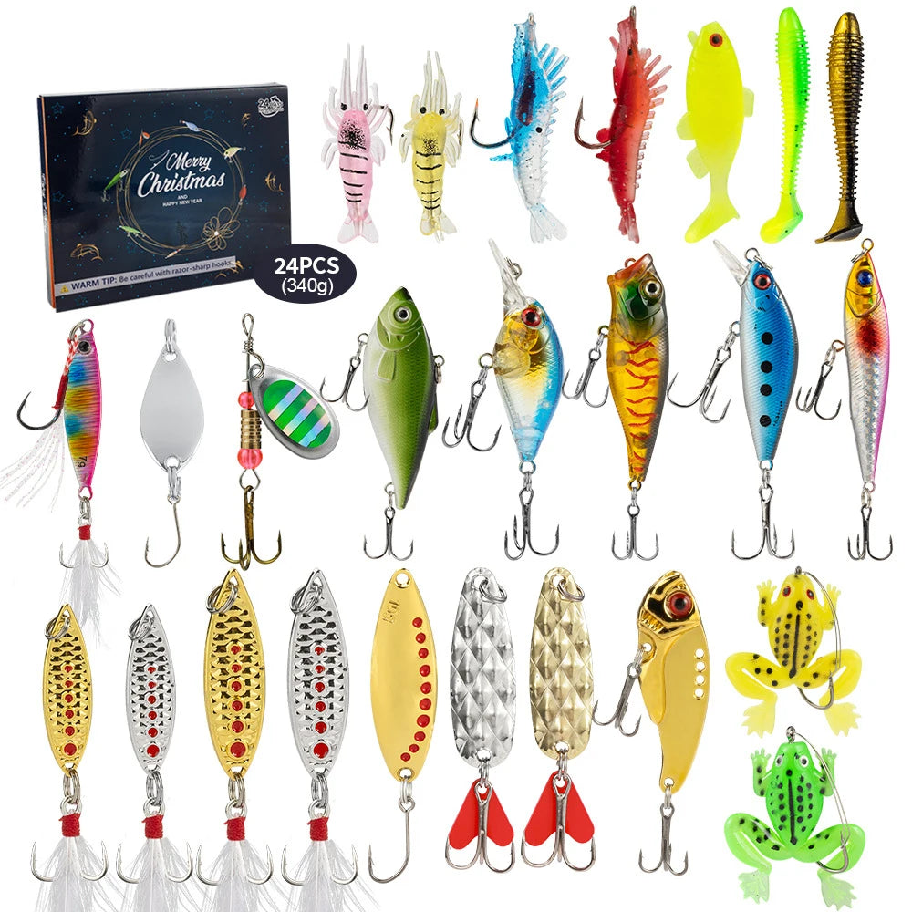 Fishing Tackle Set Advent Calendar 24 Days Christmas Countdown Calendar Fishing Lures Box Christmas Gifts for Fishing Lover