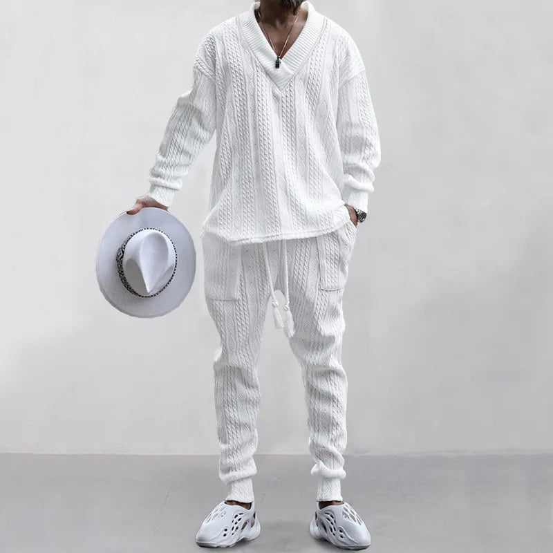 2025 Ensemble composé d’un pantalon décontracté pour homme et d’un pull en maille jacquard polyvalent à col V, tendance transfrontalière