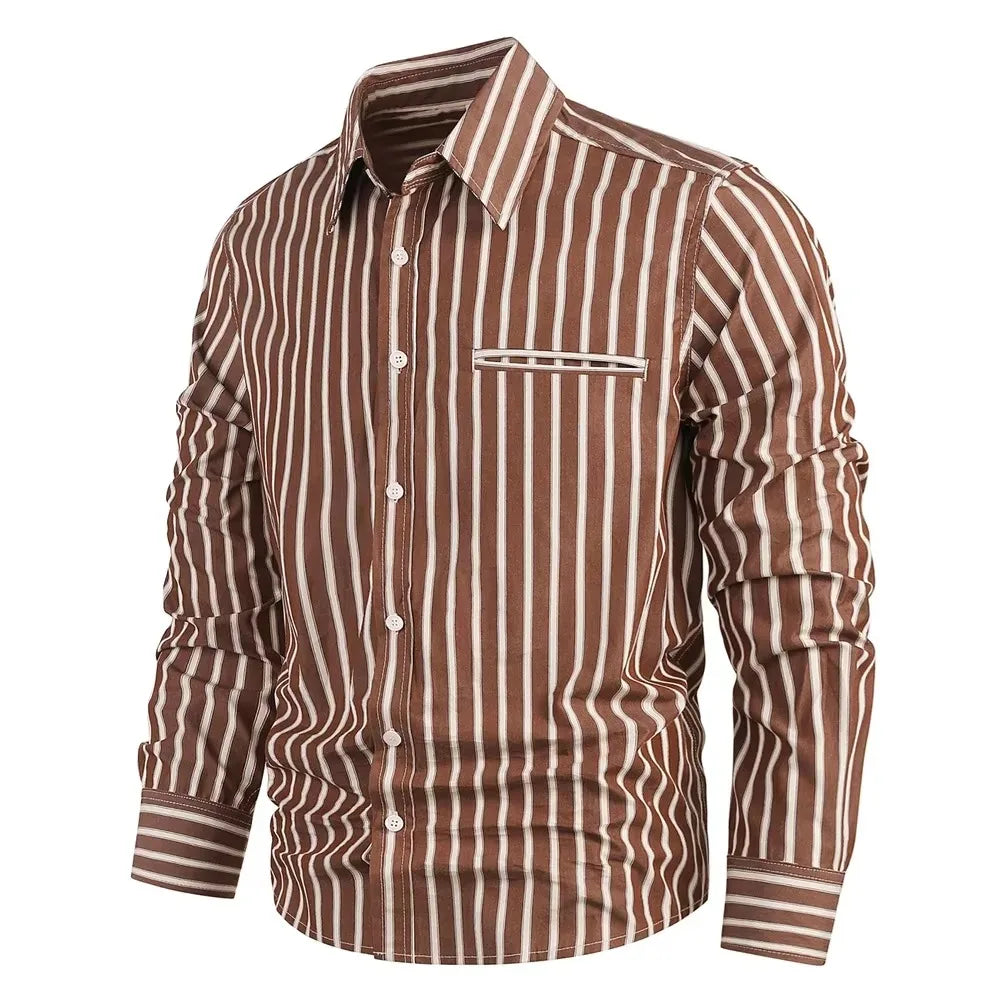Autumn Men's Casual Business Striped Shirt Long Sleeve Lapel Collar Button Up Fashion Slim Fit Classic Tops Male Clothing