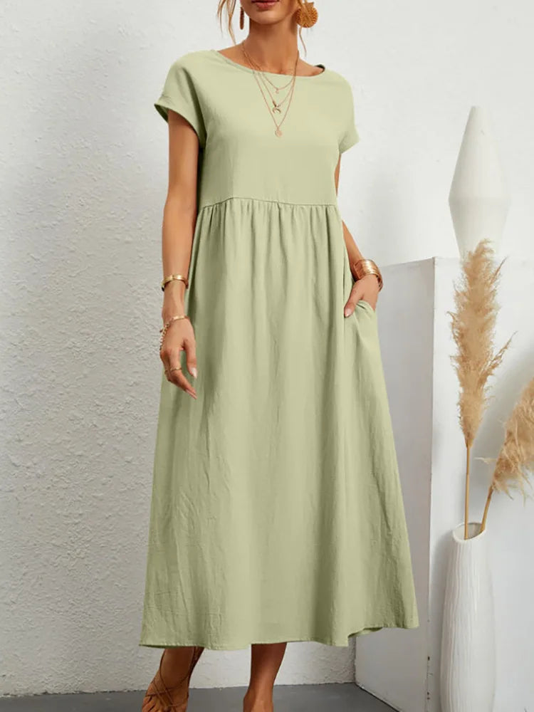 Abito midi da donna in cotone con scollo rotondo e linea morbida