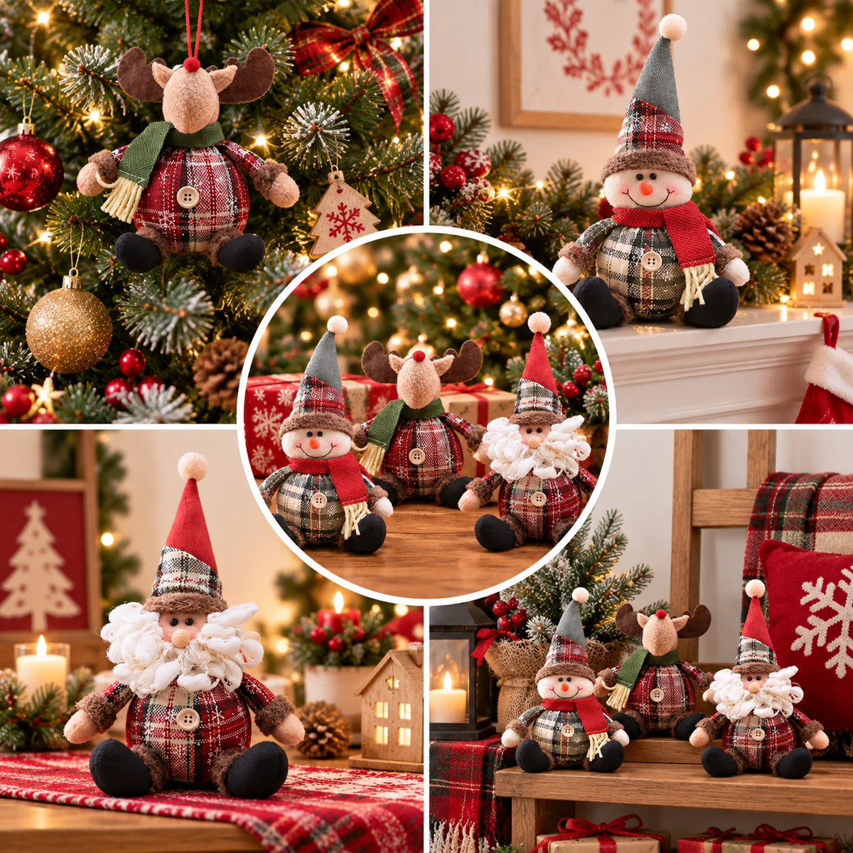Decorative Christmas figurines: reindeer, Santa Claus, and snowman