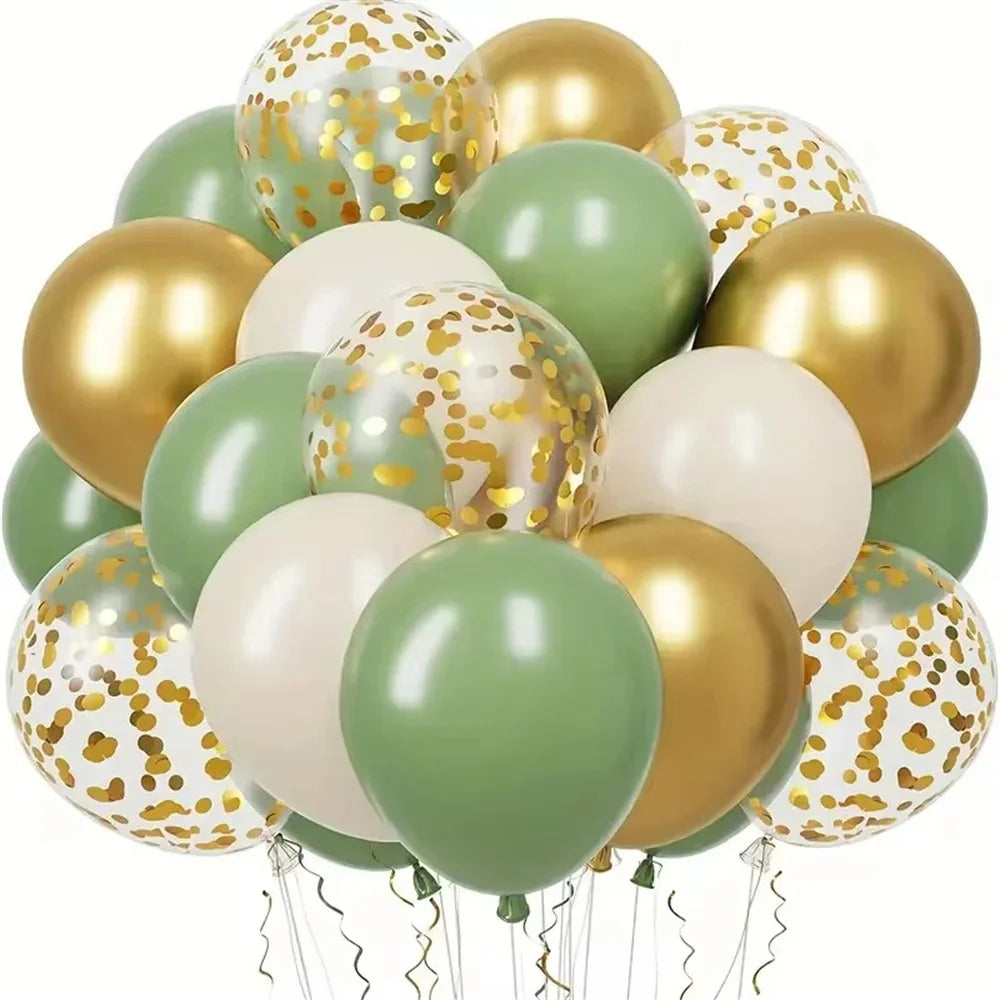 Set of 30 latex party balloons, sage green and gold