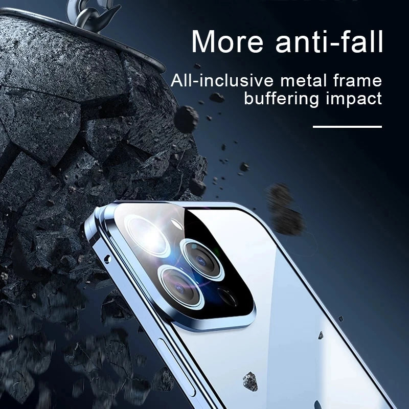 360 Full Protection Metal Magnetic Double Sided Glass Snap Lock Case For iPhone 18 17 16 15 14 13 Pro Max Lens Protection Cover