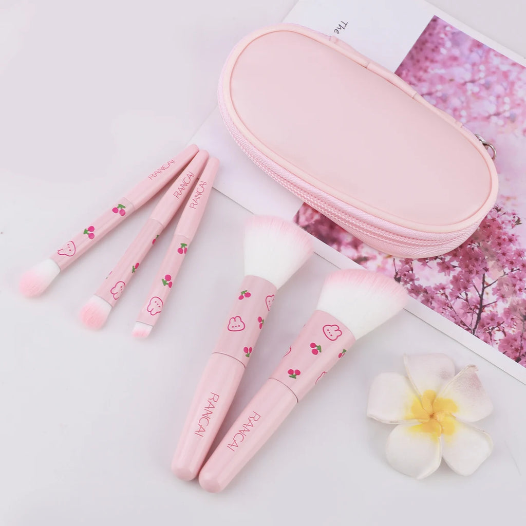 Ensemble de 5 pinceaux de maquillage compacts et mignons avec étui, pinceaux haut de gamme pour une application impeccable du fond de teint, du blush et du fard à paupières, accessoires de beauté