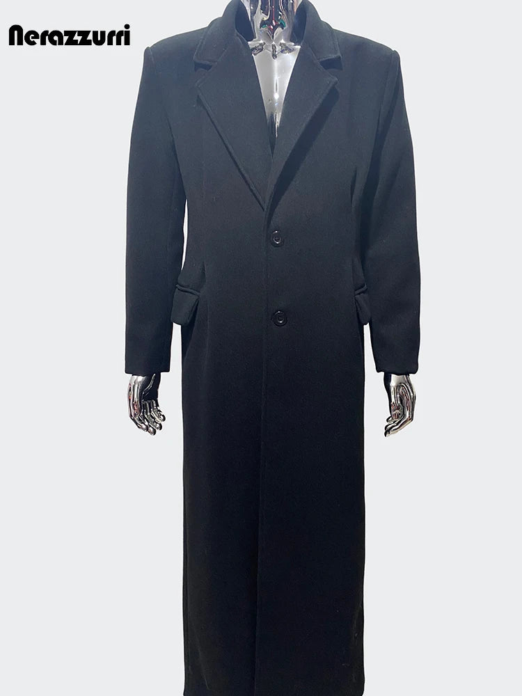 Nerazzurri Autumn Winter Extra Long Luxury Elegant Black Soft Warm Woolen Coat for Men Single Breasted Wool & Blends Overcoat