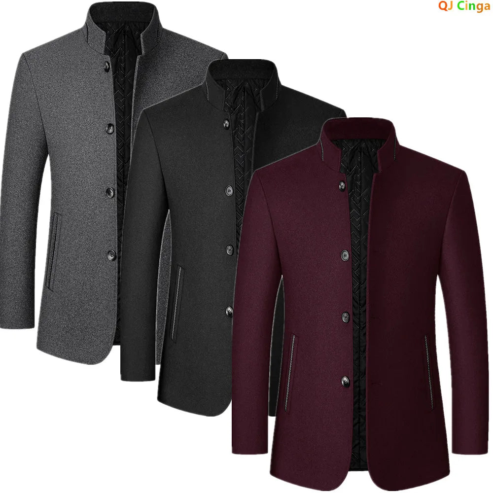 Men's Winter Wool Jacket, Single-breasted, Long-sleeved, Stand-up Collar, Business-casual Top. Gray, Black, Red Coat.