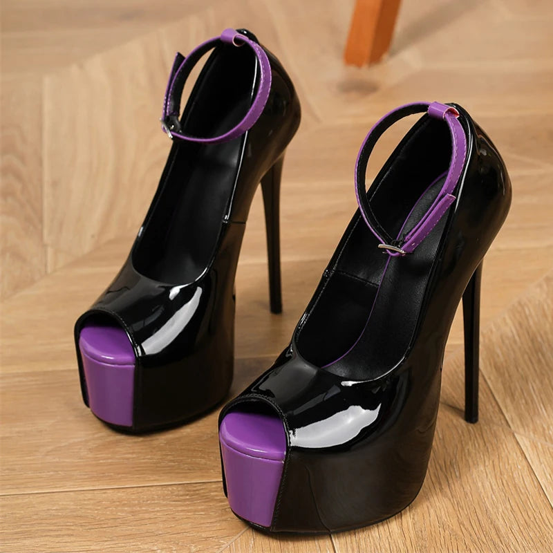 Scarpe peep toe donna Liyke nere con dettagli viola