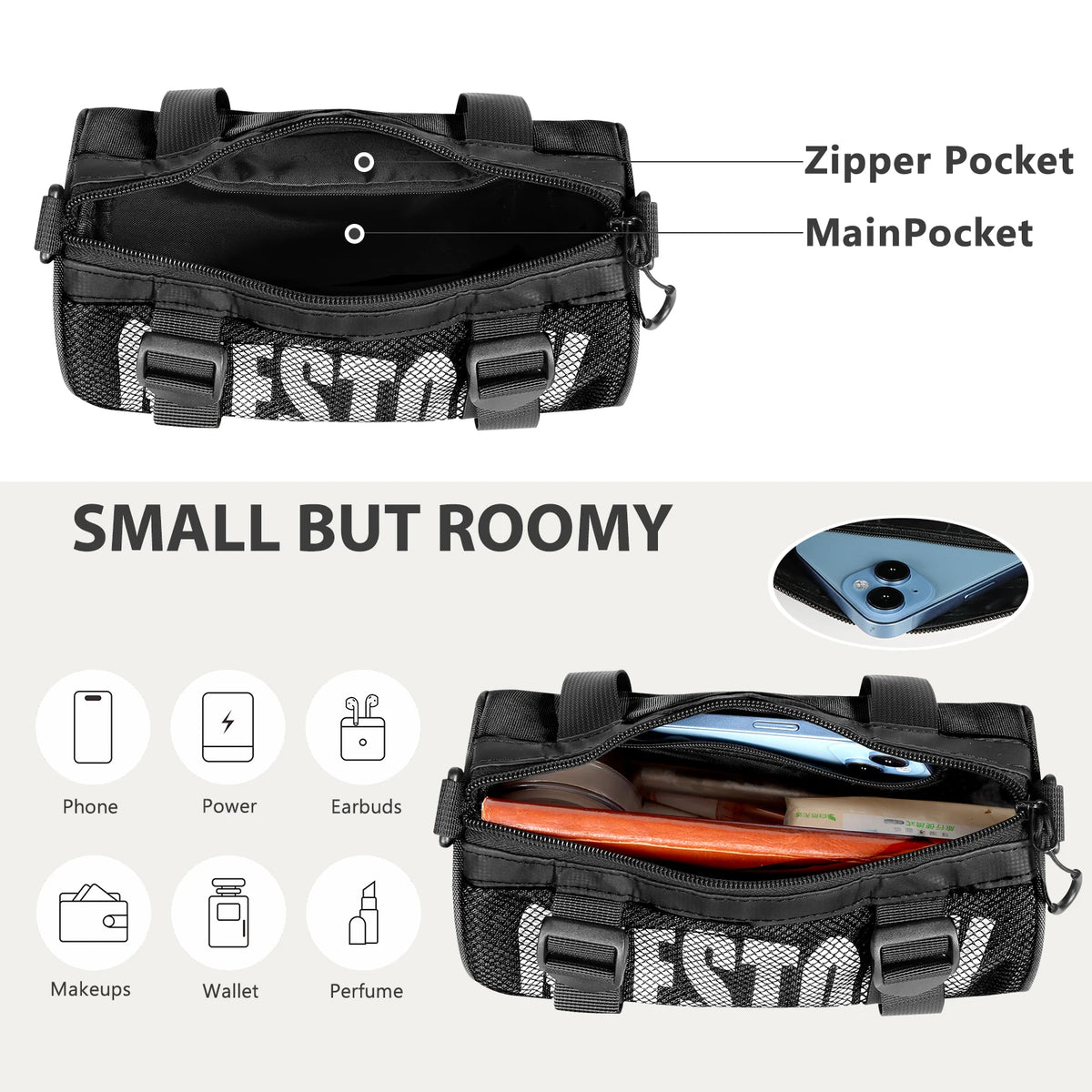 Streetwear Crossbody Bag Mini Barrel Shoulder Bag Lightweight Mesh Sling Pack for Men Women Hip Hop Gym Dance Travel Daily Use