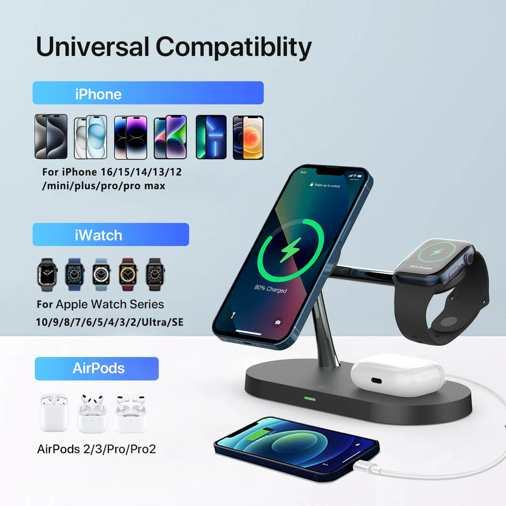 3 in 1 Wireless Charger Stand For iPhone 12/13/14/15/16/17 Fast Charging Station for Apple Watch 10 9 8 7 6 5 4 Airpods 2 3 Pro