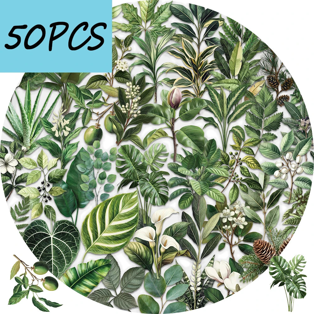 50pcs green plant leaf stickers, suitable for decorating computers, refrigerators, storage boxes, waterproof PET stickers