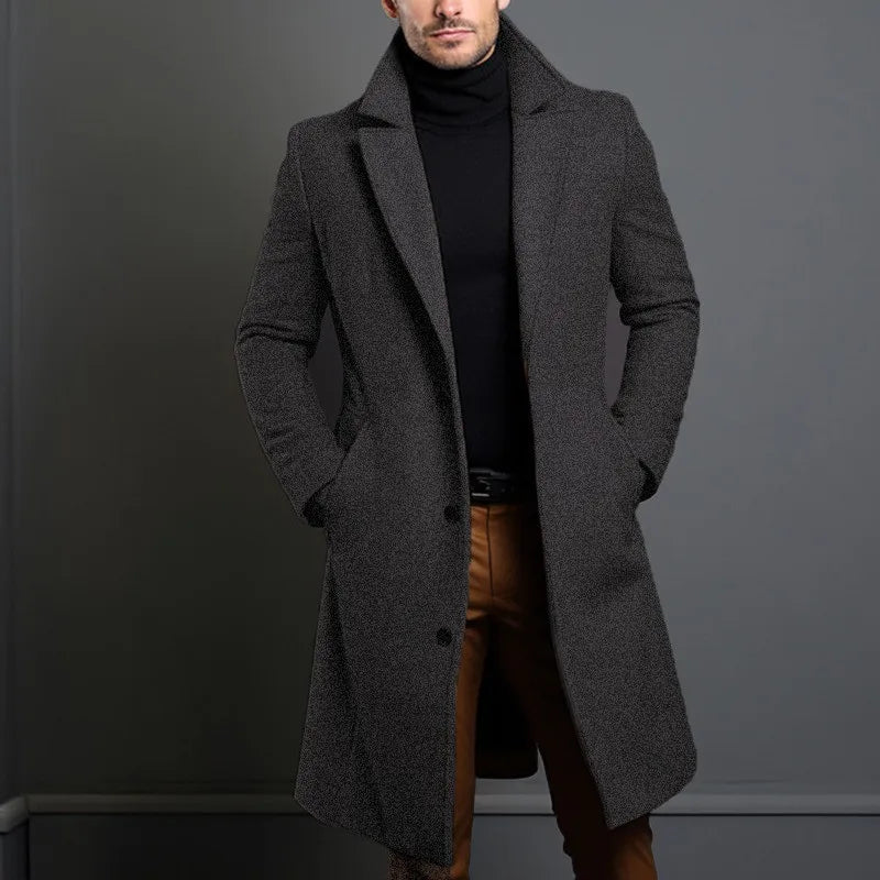 Autumn Winter Long Woolen Trench Coats Men Solid England Style Smart Casual Wool Blends Coat Turn Down Collar Warm Male Clothing