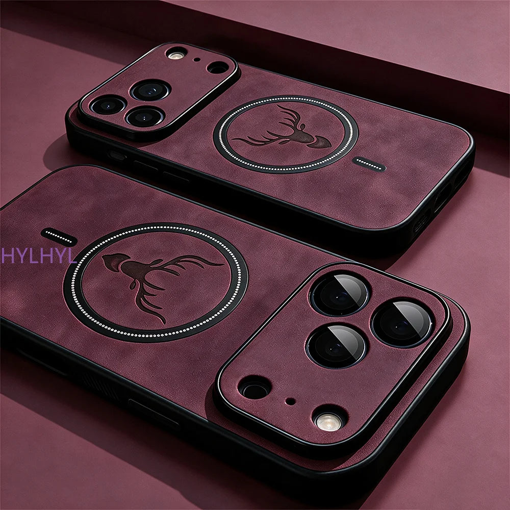 Luxury PU Leather Deer Magnetic Phone Case For iPhone 18 17 16 15 14 13 12 11 Pro Max Plus 16E For Magsafe Shockproof Back Cover