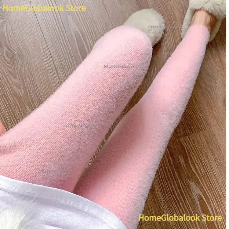 Pantalones rectos de terciopelo de visón rosa para mujer, leggings térmicos de felpa con cintura alta elástica, pantalones casuales de punto para usar en el exterior, parte inferior cálida para otoño e invierno