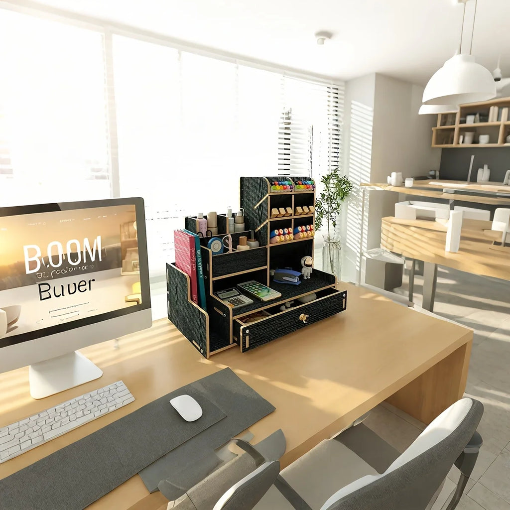 Wood-Grain Desktop Organizer with Drawer