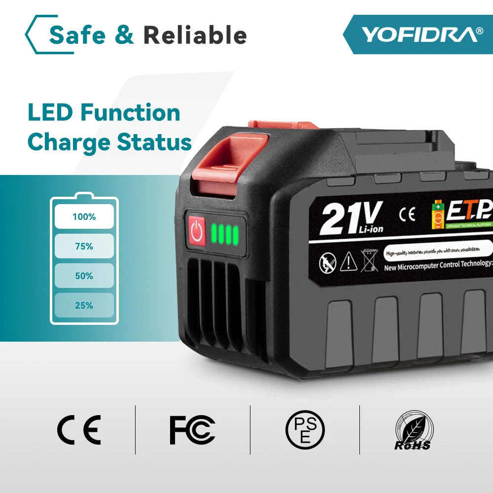 Batería de litio recargable YOFIDRA de 20 V, enchufe europeo, 15 000 mAh/928 VF, 22 500 mAh. Indicador de capacidad de la batería. Para motosierra y taladro eléctrico.