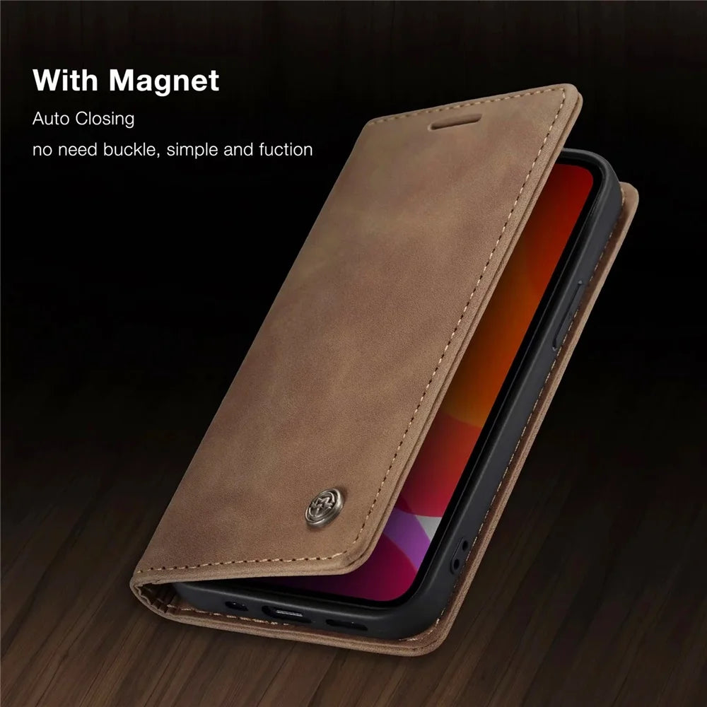 Matte Leather Flip Cover for iPhone 11 12 13 14 15 16e 17 18 Pro Max Mini Air Wallet Case XR XS 8 5S SE 2020 2022 Magnetic Retro