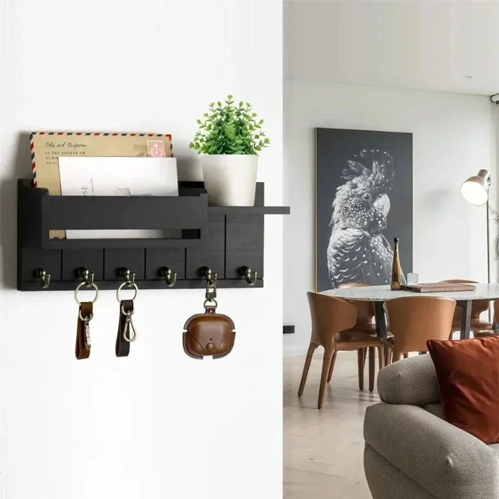 Wall-Mounted Wooden Key and Mail Holder with 6 Hooks