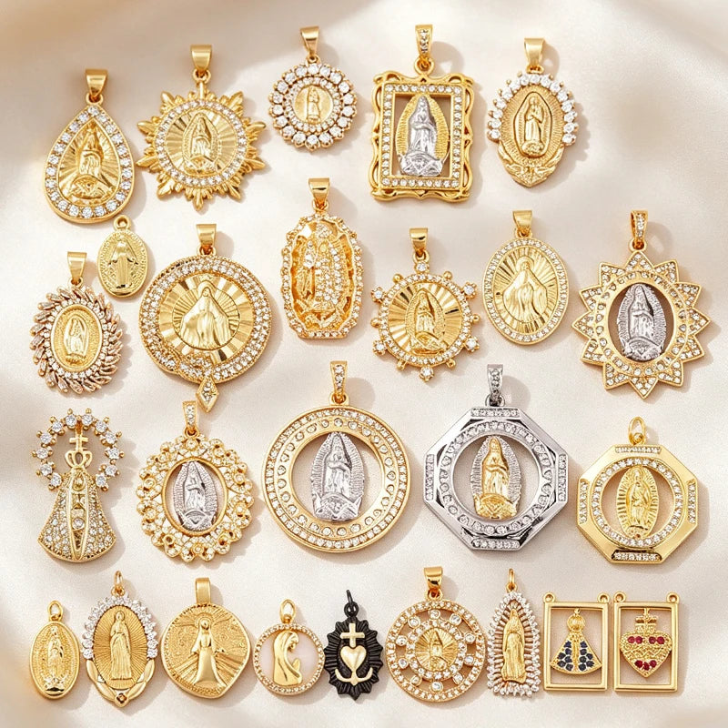 Religious Stye Jesus Virgin Mary Charm Geometry Pendant,Holy 18K Gold Inlaid Cubic Zirconia Jewelry Necklace Accessories M14