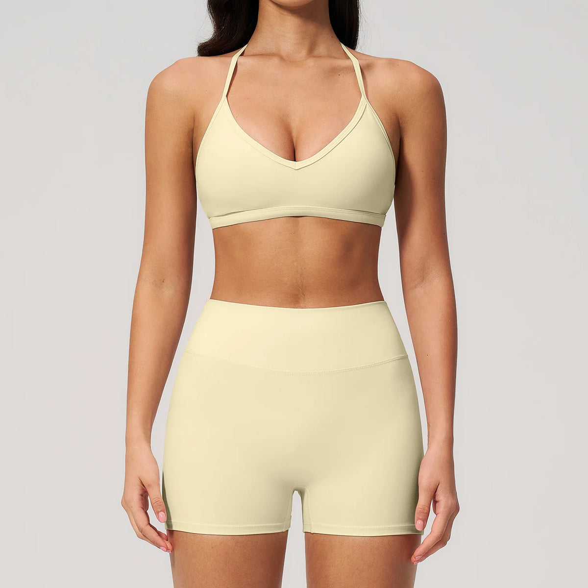 2-teiliges Yoga-Set für Damen, Trainingsanzug mit rückenfreiem Neckholder-Top und High-Waist-Shorts, Fitness-Sportbekleidung für das Training