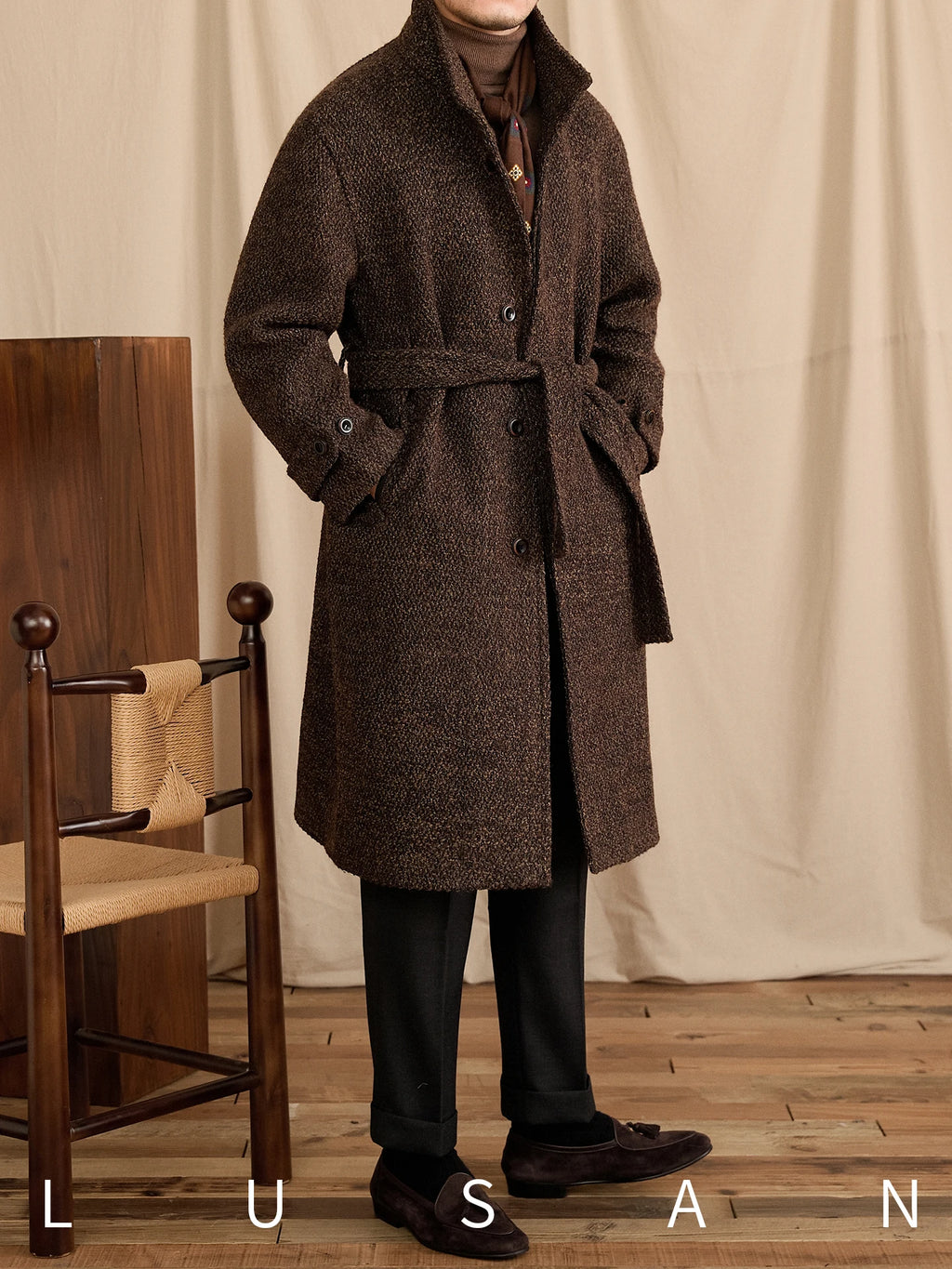 Men's Winter Warm Stand-Up Collar Long Coat 70% Wool Mid-Length Loop Commuting Coat for Business Casual