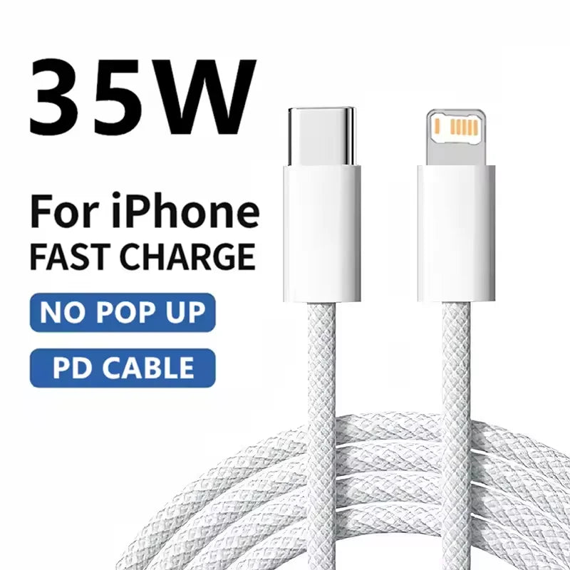 Cable trenzado PD de 1 m y 2 m, carga rápida de 35 W para iPhone 13, 14 Pro Max, 11, 12 mini, X, XR, XS Max, 7 y 8 Plus, cable USB-C para carga rápida y transferencia de datos
