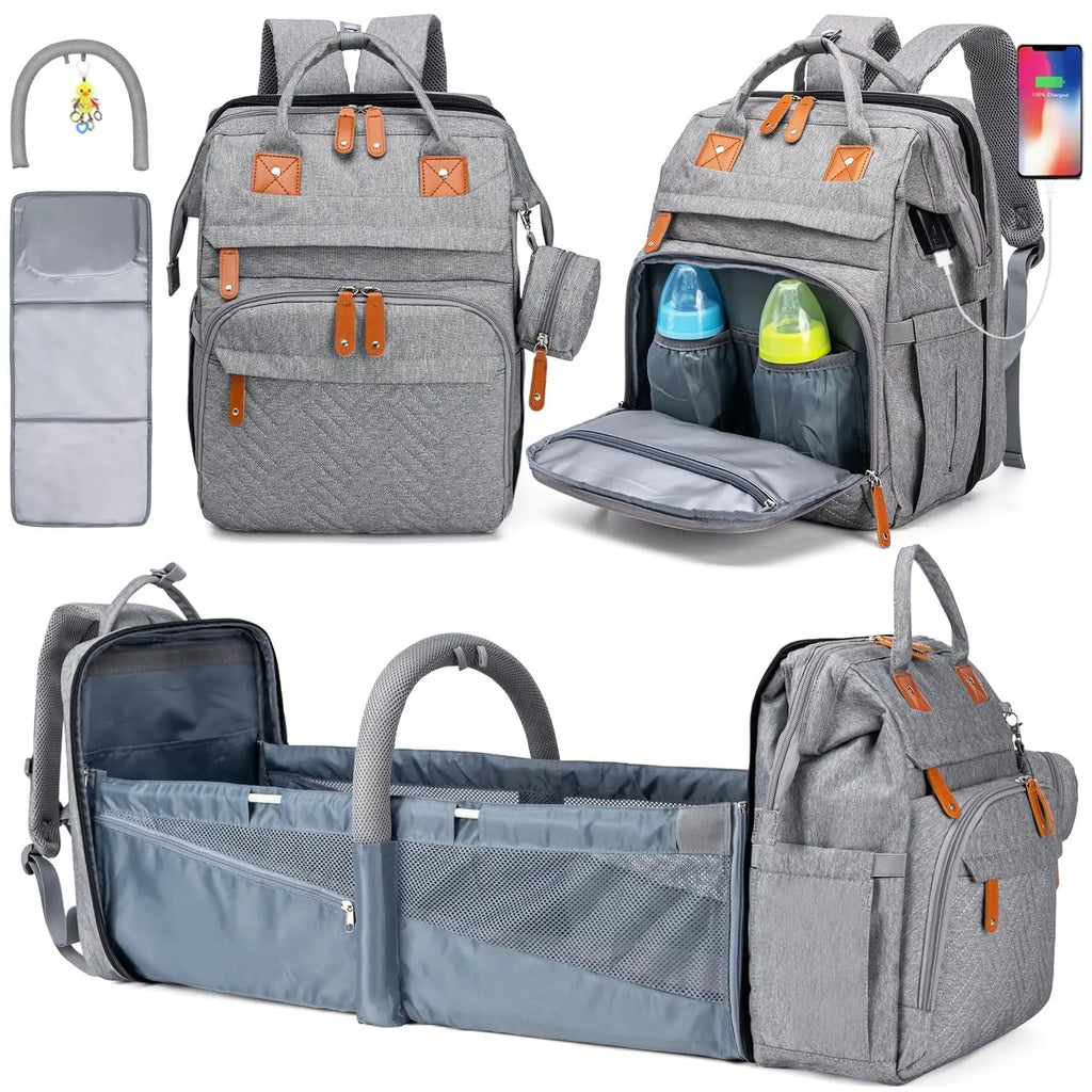 3 In 1 Diaper Bag Backpack Foldable Baby Bed Waterproof Travel Bag with USB Charge Diaper Bag Backpack with Changing Bed 3 Types