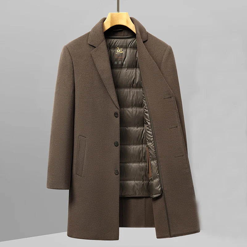 Casual Men's Long-Length Woolen Coats 2026 Winter Detachable Duck Down Liner Overcoat Outwear Warm Wool Windbreaker Puffer Coats