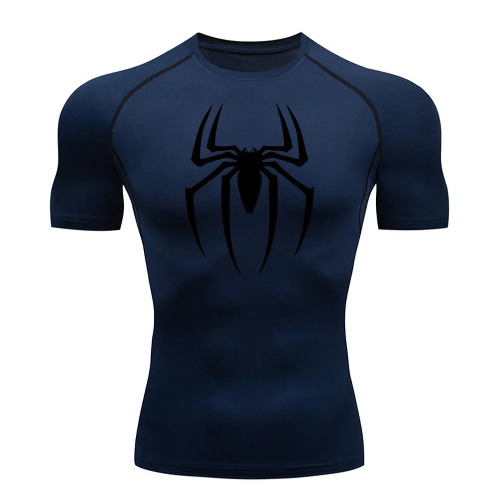 2023Men's Spider Print Compression Shirt, Quick Dry T-Shirt, Gym Running Jersey, Breathable Short Sleeve, Spring, Summer, S-3XL