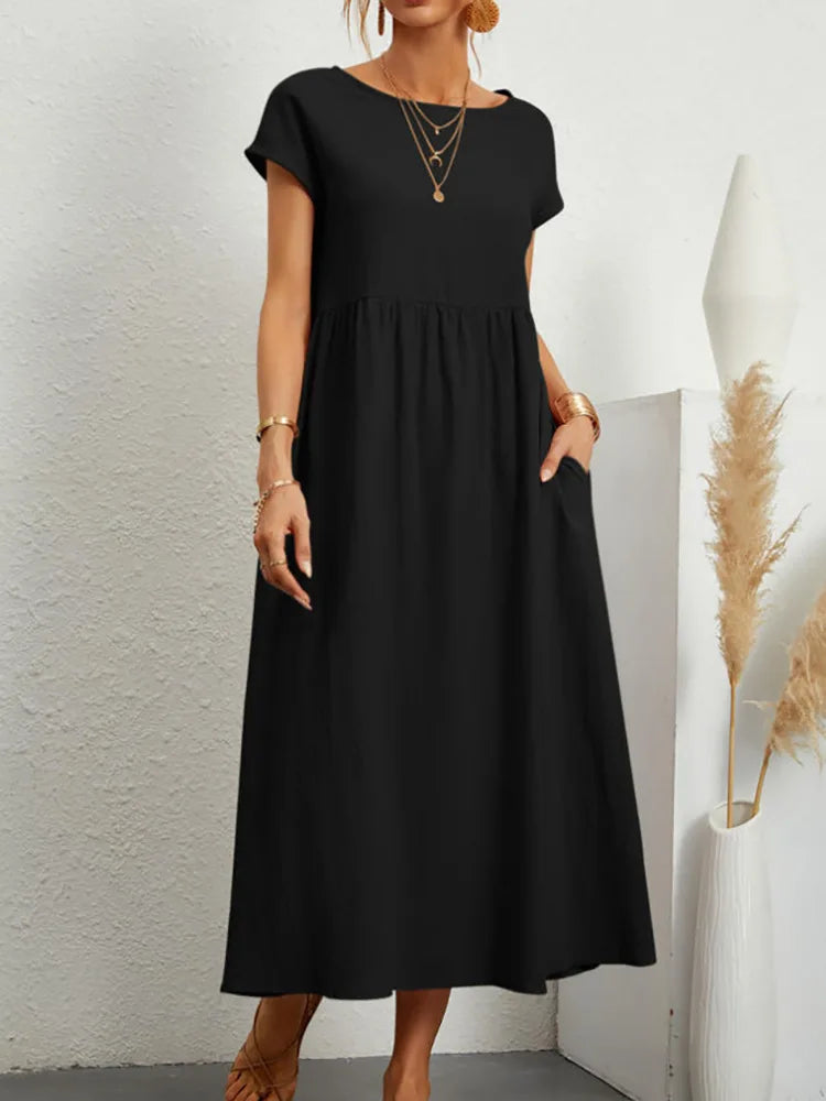 Abito midi da donna in cotone con scollo rotondo e linea morbida
