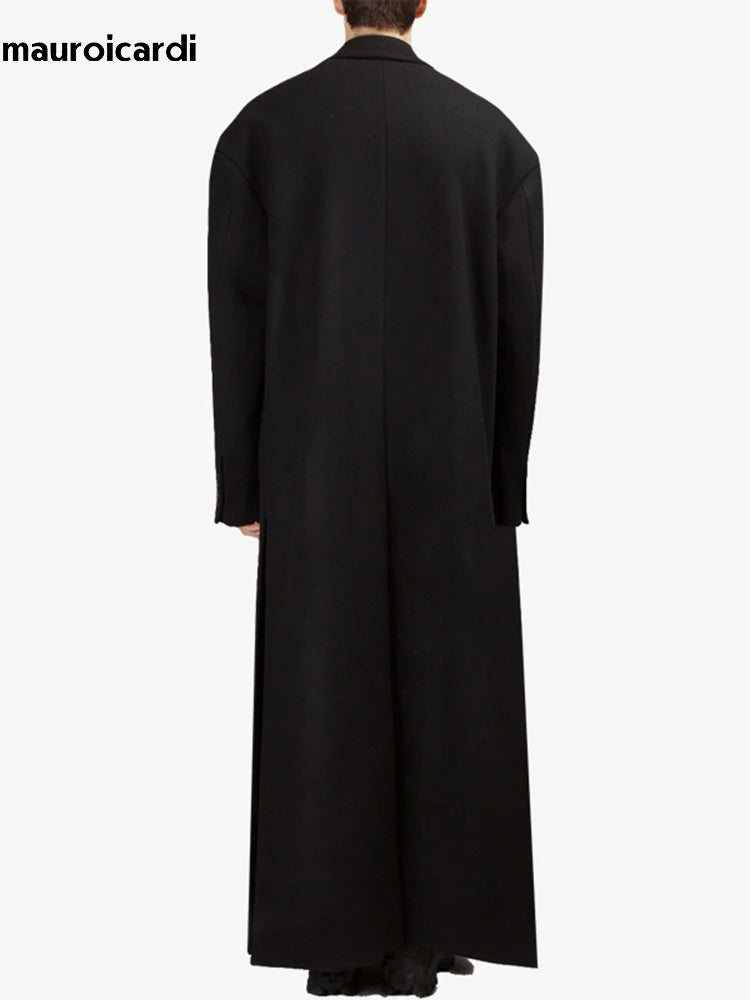 Mauroicardi Autumn Winter Extra Long Black Oversized Thick Warm Soft Wool & Blends Coat Men Double Breasted Korean Fashion 2023