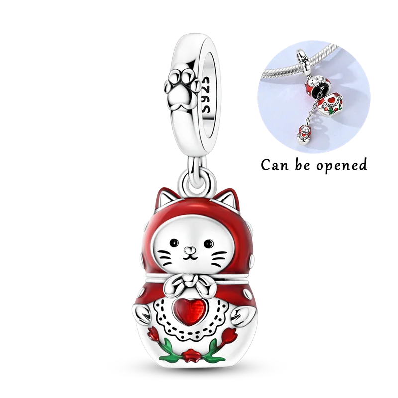 925 Sterling Silver Bright Red Charms Bead CZ Zircon Cute Doll Pendants Fit Original Bracelet DIY Jewelry Women Gift