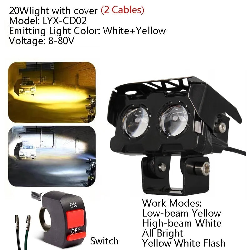 Luz delantera para bicicleta eléctrica, LED blanco y amarillo, lámpara para manillar de ebike con luz larga y corta, faros modificados para vehículos eléctricos