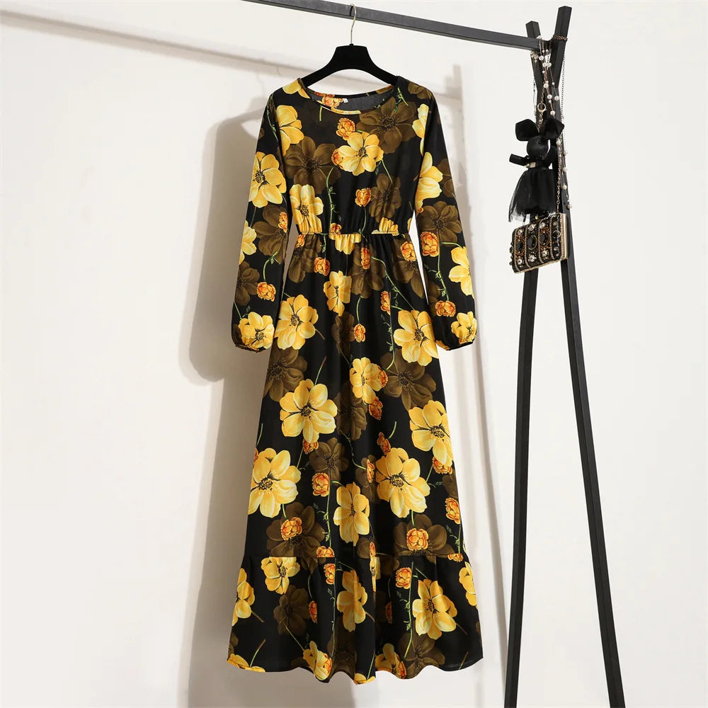 Abito lungo floreale da donna con scollo rotondo
